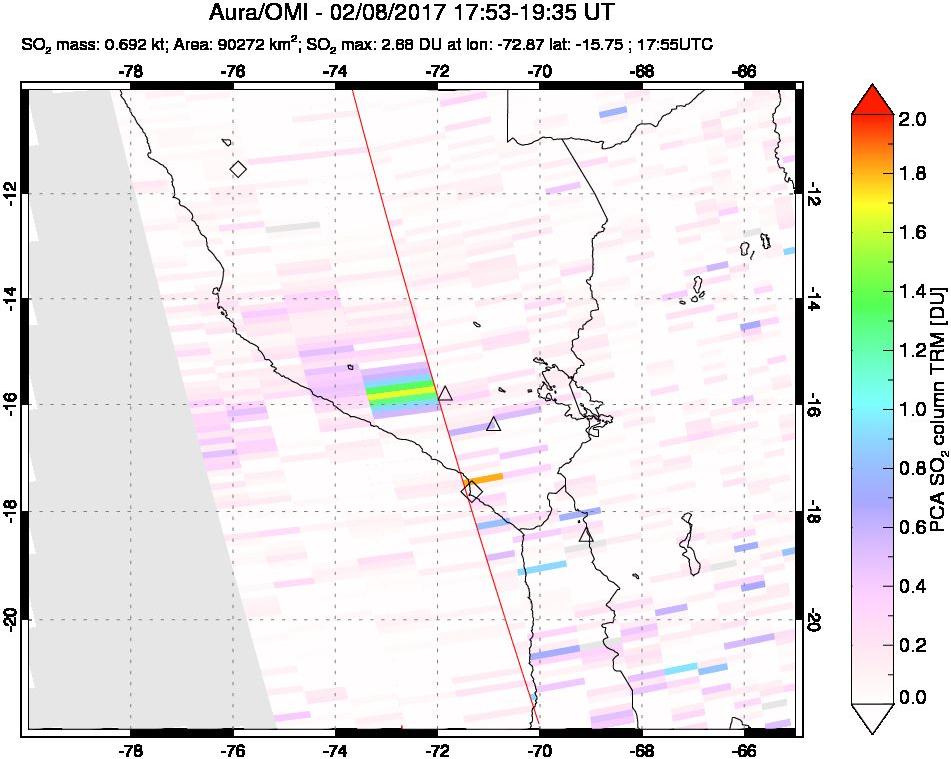 A sulfur dioxide image over Peru on Feb 08, 2017.