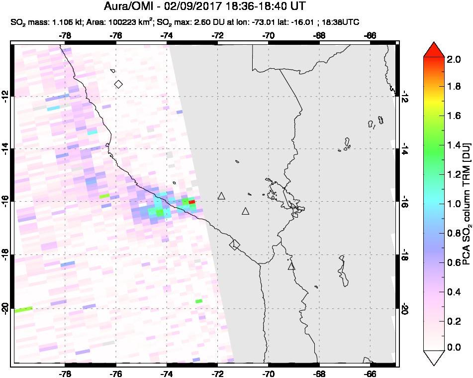A sulfur dioxide image over Peru on Feb 09, 2017.