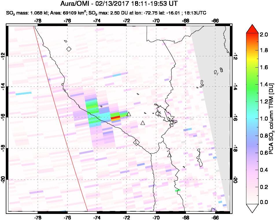 A sulfur dioxide image over Peru on Feb 13, 2017.