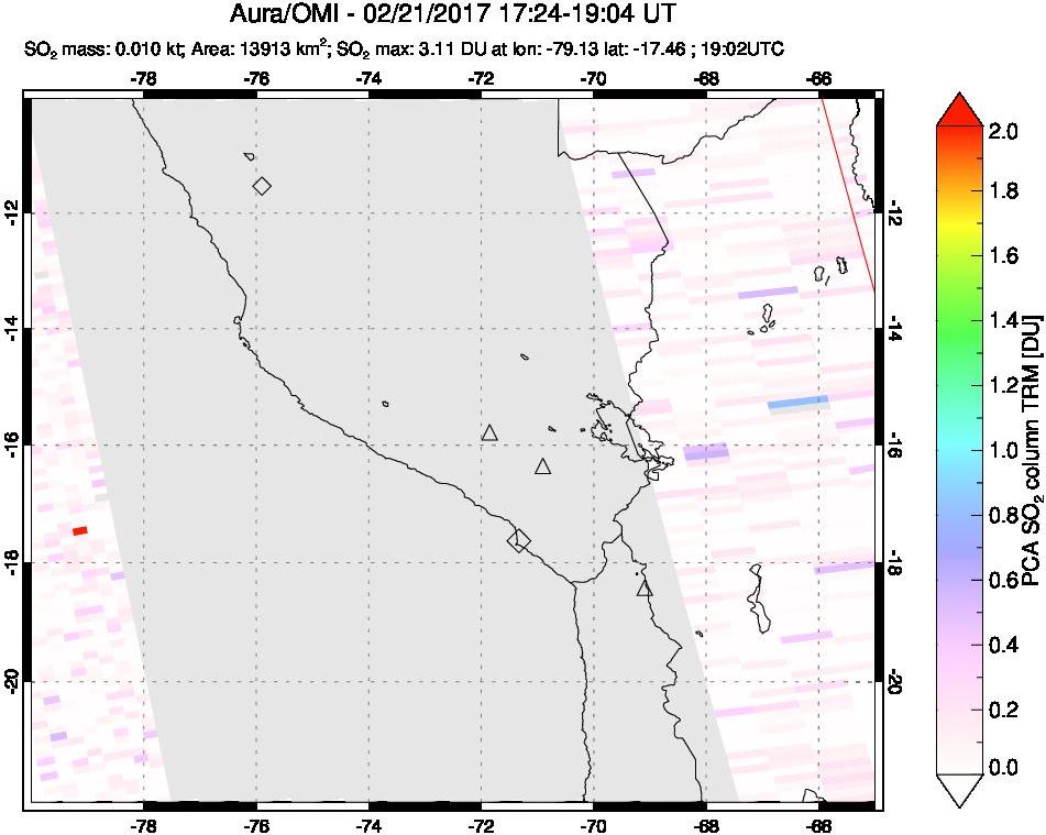 A sulfur dioxide image over Peru on Feb 21, 2017.