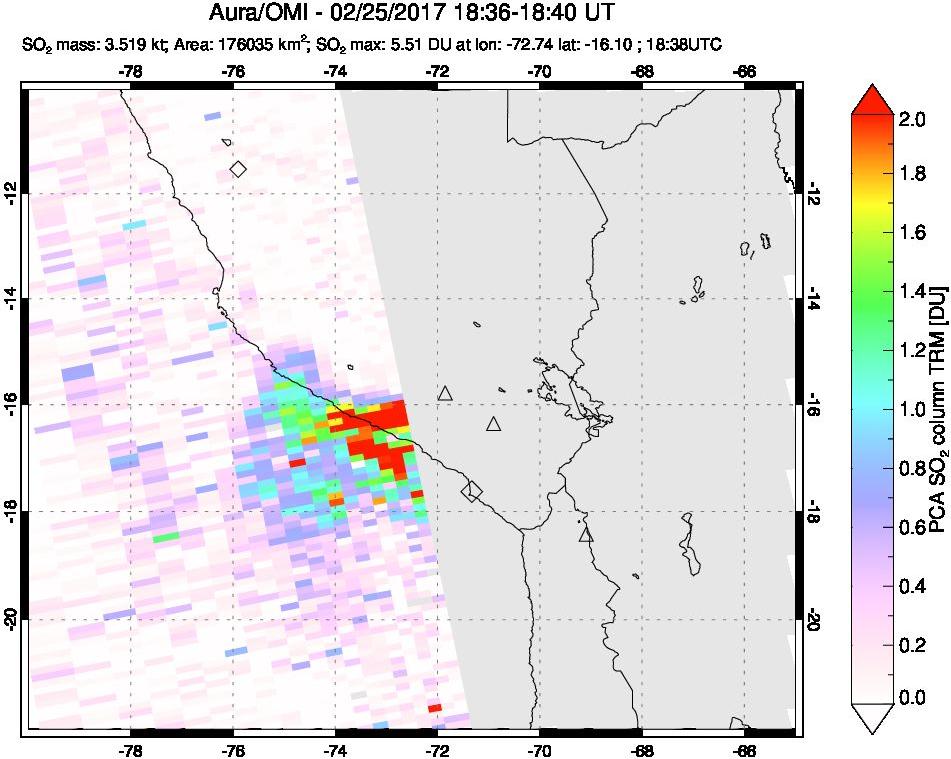 A sulfur dioxide image over Peru on Feb 25, 2017.
