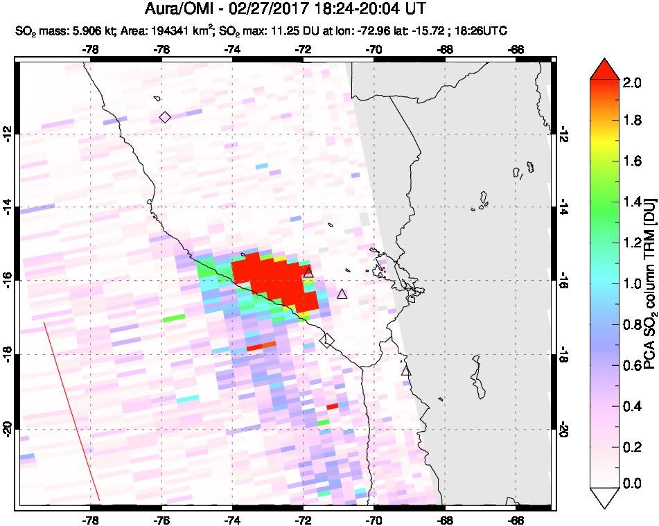A sulfur dioxide image over Peru on Feb 27, 2017.