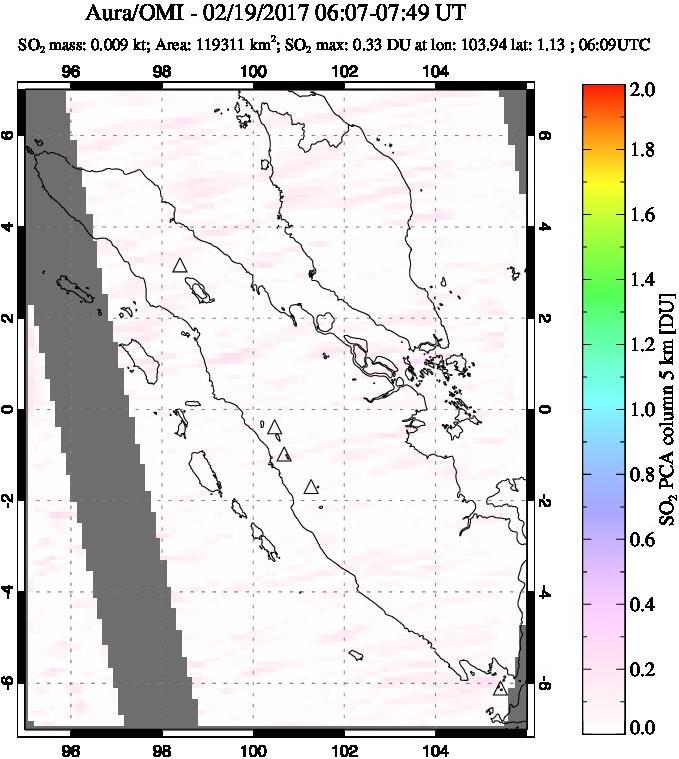 A sulfur dioxide image over Sumatra, Indonesia on Feb 19, 2017.