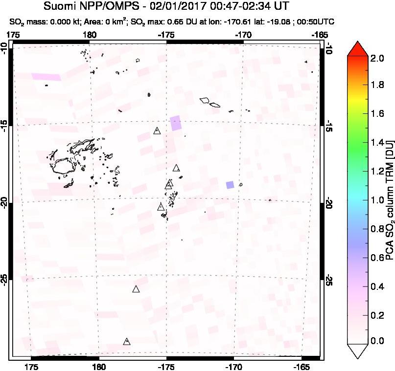 A sulfur dioxide image over Tonga, South Pacific on Feb 01, 2017.