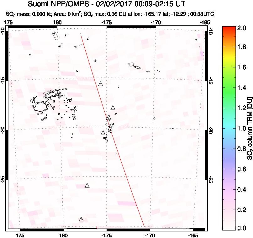 A sulfur dioxide image over Tonga, South Pacific on Feb 02, 2017.