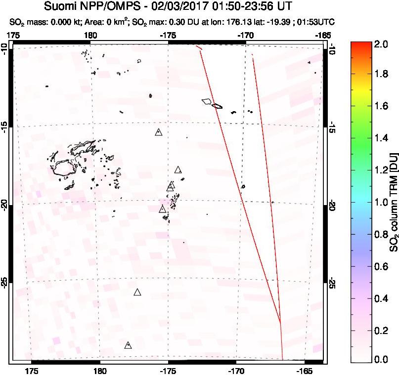A sulfur dioxide image over Tonga, South Pacific on Feb 03, 2017.