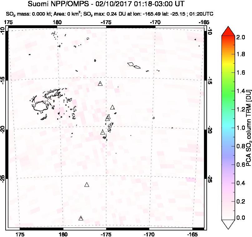 A sulfur dioxide image over Tonga, South Pacific on Feb 10, 2017.