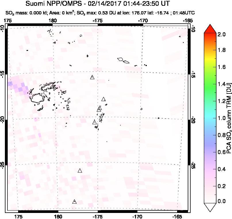 A sulfur dioxide image over Tonga, South Pacific on Feb 14, 2017.