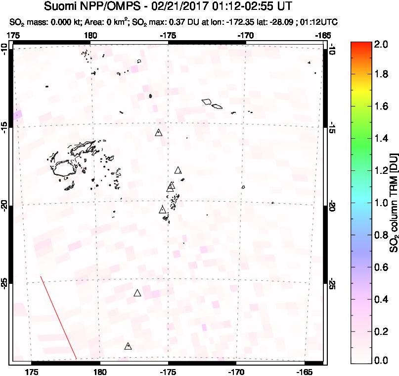 A sulfur dioxide image over Tonga, South Pacific on Feb 21, 2017.
