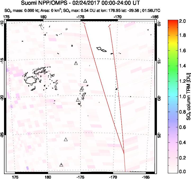 A sulfur dioxide image over Tonga, South Pacific on Feb 24, 2017.