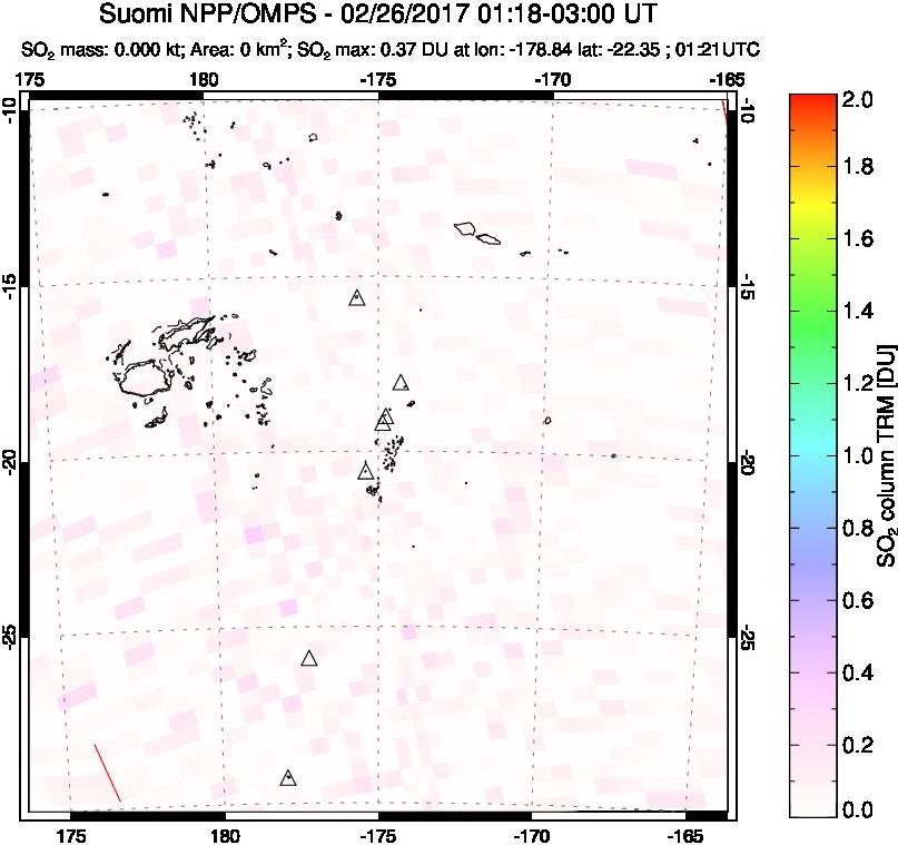 A sulfur dioxide image over Tonga, South Pacific on Feb 26, 2017.
