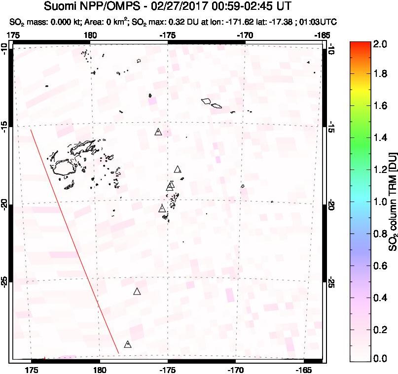 A sulfur dioxide image over Tonga, South Pacific on Feb 27, 2017.