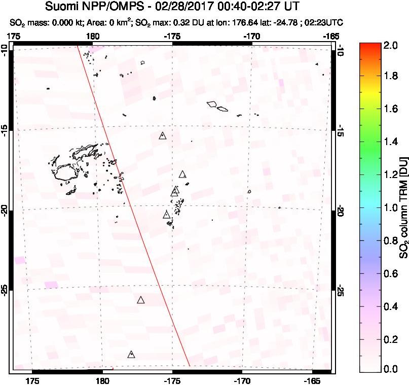 A sulfur dioxide image over Tonga, South Pacific on Feb 28, 2017.