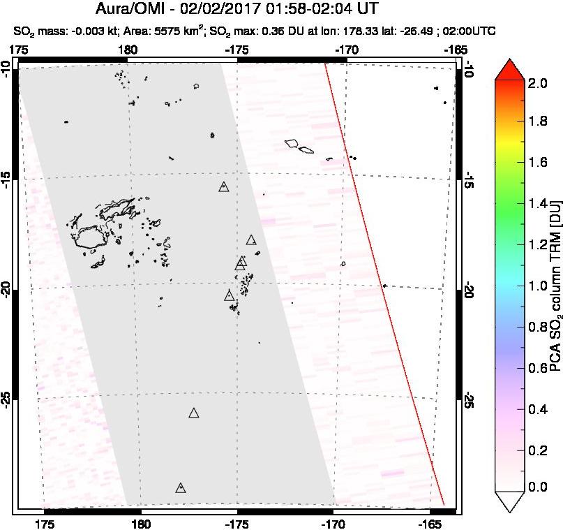 A sulfur dioxide image over Tonga, South Pacific on Feb 02, 2017.