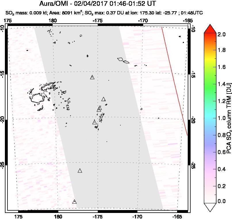 A sulfur dioxide image over Tonga, South Pacific on Feb 04, 2017.