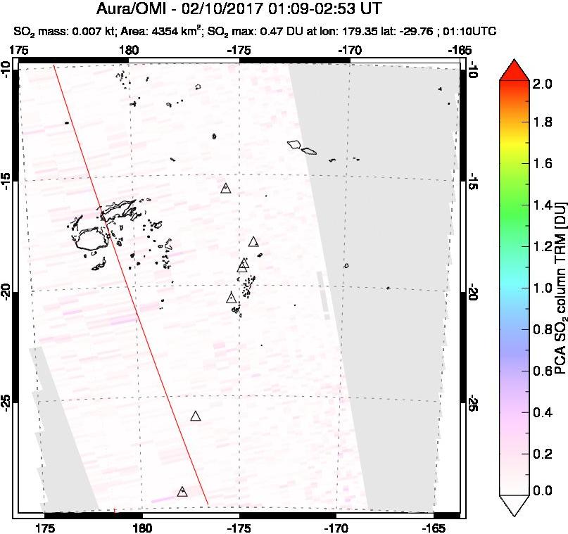 A sulfur dioxide image over Tonga, South Pacific on Feb 10, 2017.