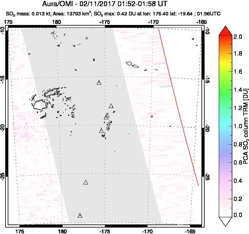 A sulfur dioxide image over Tonga, South Pacific on Feb 11, 2017.