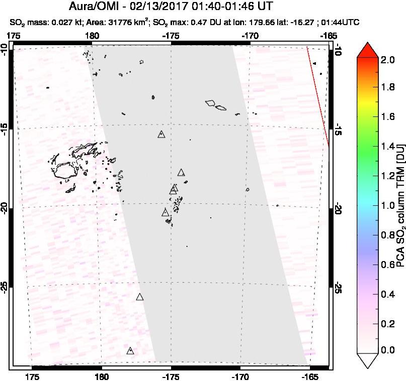 A sulfur dioxide image over Tonga, South Pacific on Feb 13, 2017.