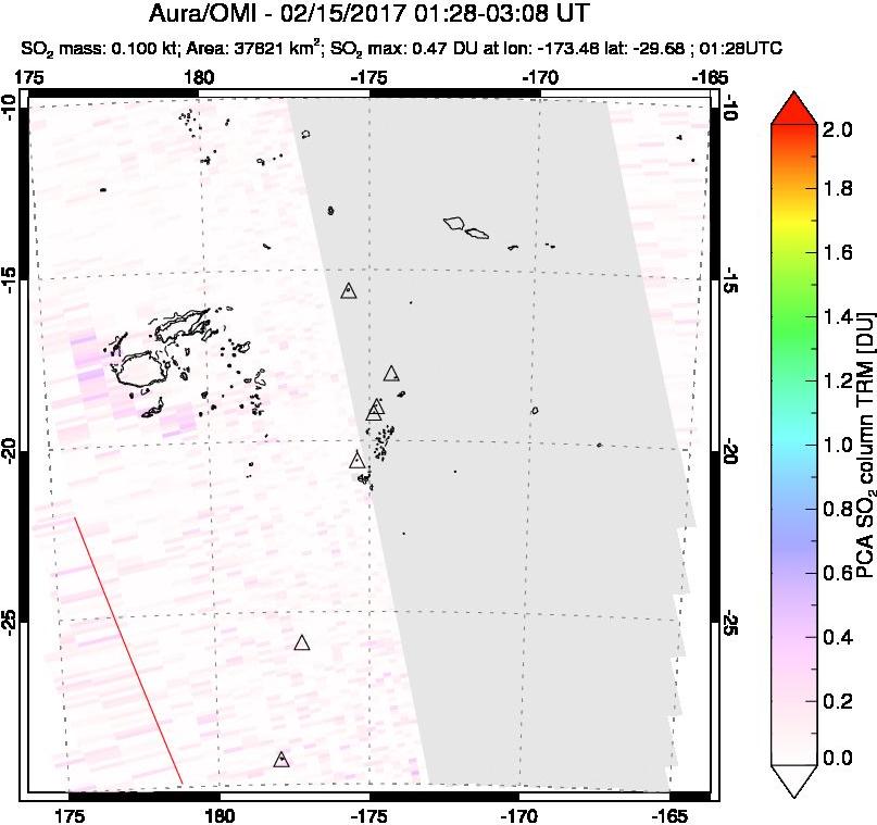 A sulfur dioxide image over Tonga, South Pacific on Feb 15, 2017.