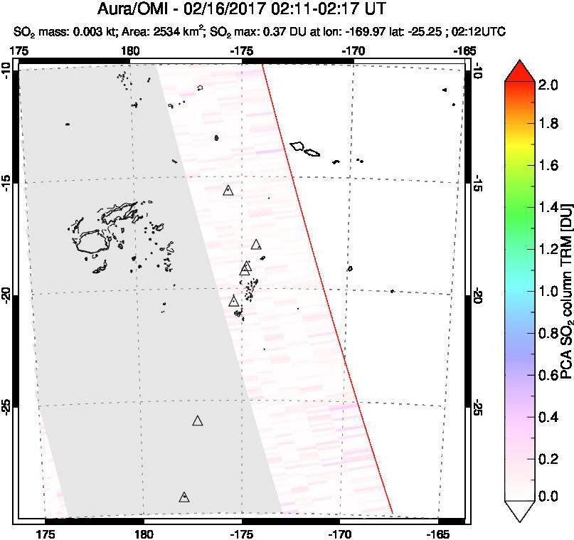 A sulfur dioxide image over Tonga, South Pacific on Feb 16, 2017.