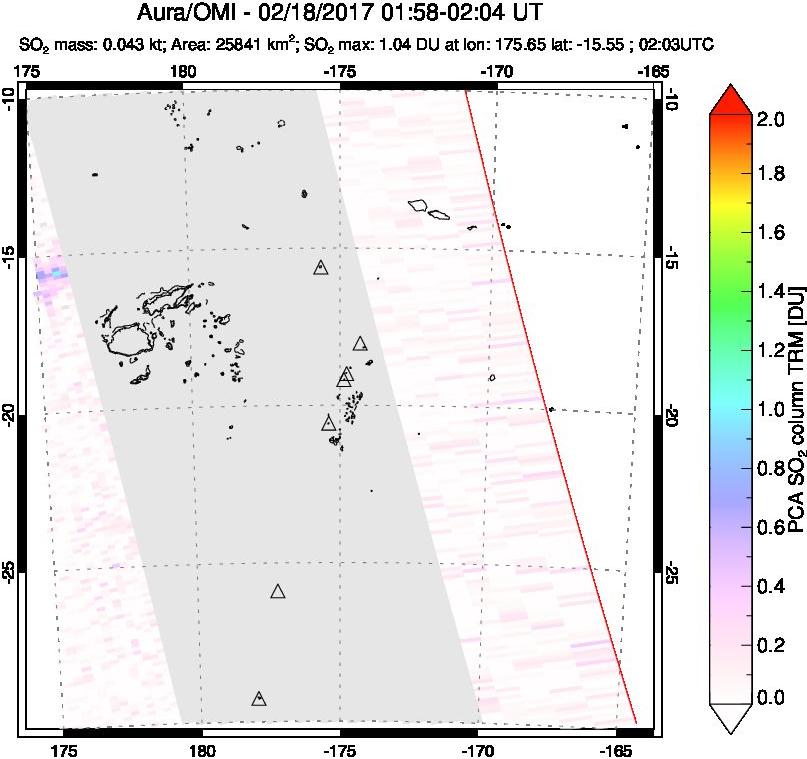 A sulfur dioxide image over Tonga, South Pacific on Feb 18, 2017.