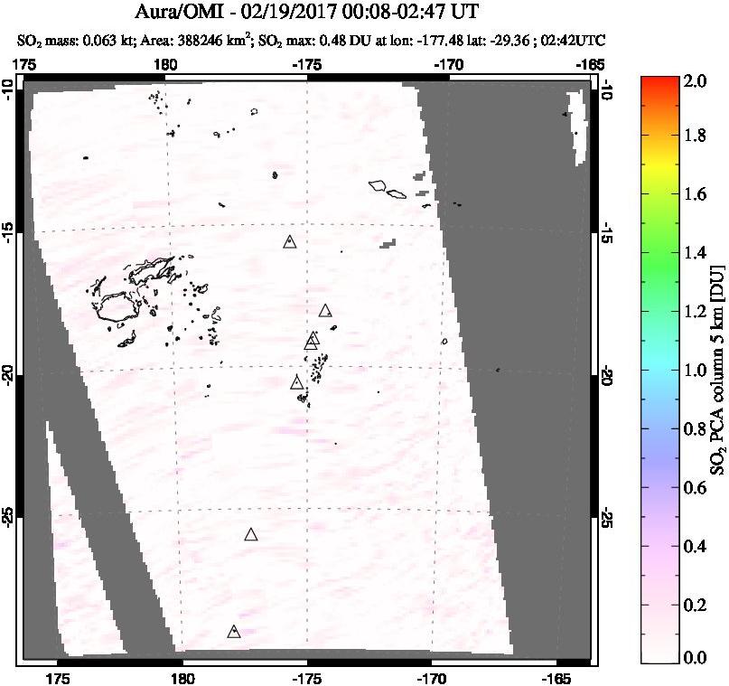 A sulfur dioxide image over Tonga, South Pacific on Feb 19, 2017.