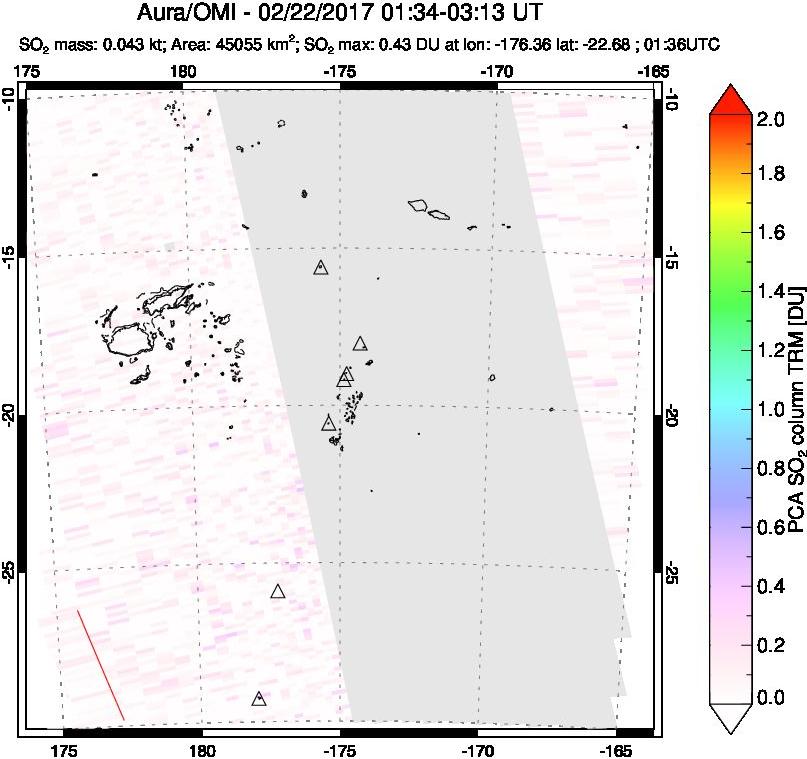 A sulfur dioxide image over Tonga, South Pacific on Feb 22, 2017.