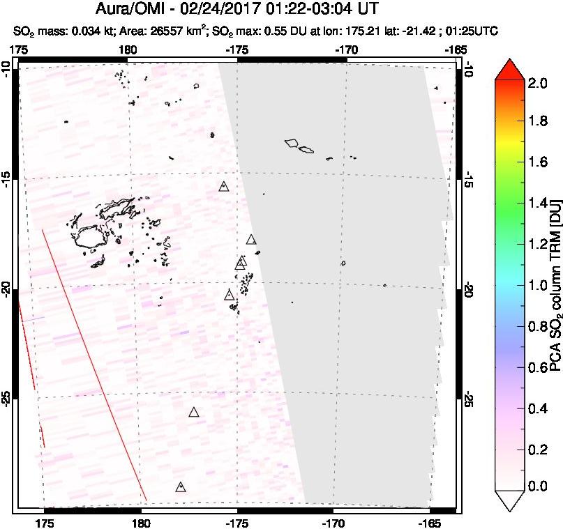 A sulfur dioxide image over Tonga, South Pacific on Feb 24, 2017.
