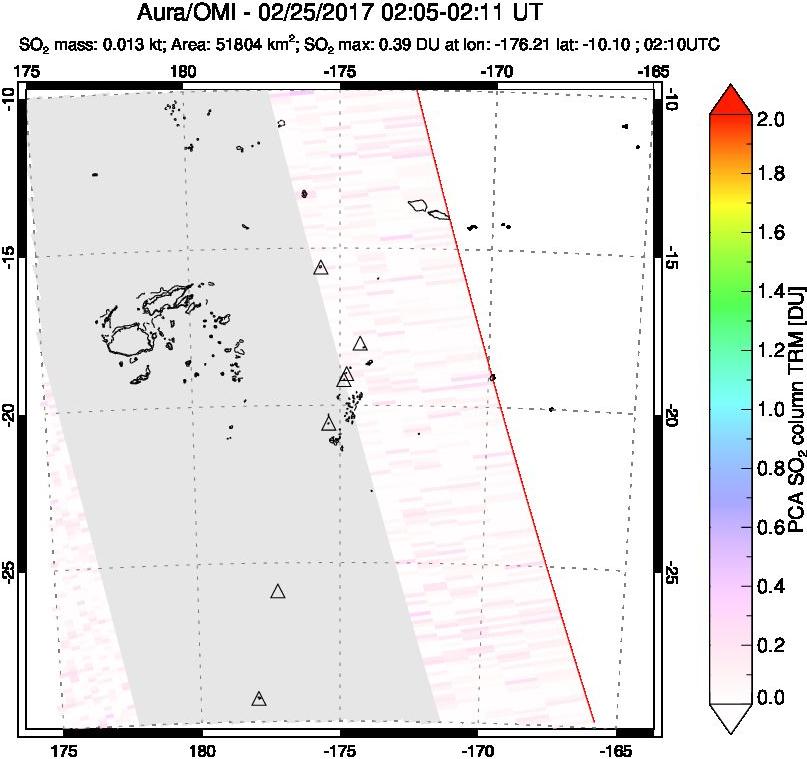 A sulfur dioxide image over Tonga, South Pacific on Feb 25, 2017.