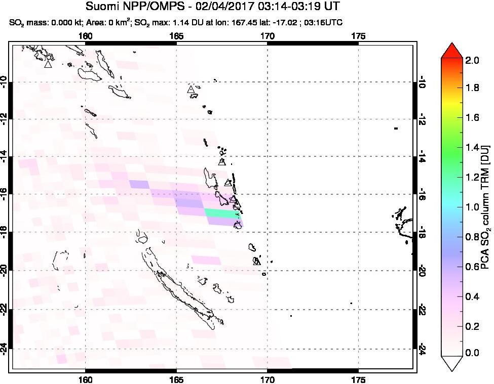 A sulfur dioxide image over Vanuatu, South Pacific on Feb 04, 2017.