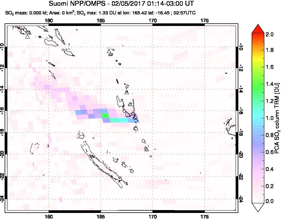A sulfur dioxide image over Vanuatu, South Pacific on Feb 05, 2017.