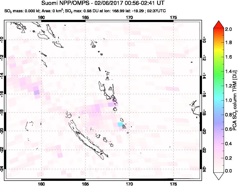 A sulfur dioxide image over Vanuatu, South Pacific on Feb 06, 2017.
