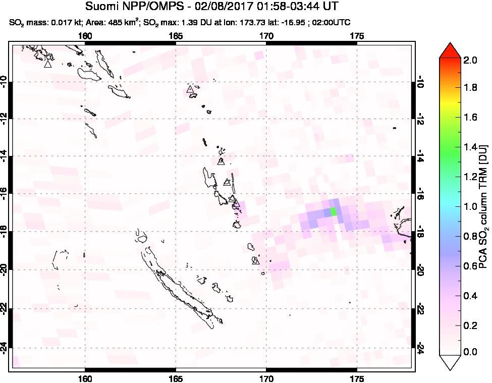 A sulfur dioxide image over Vanuatu, South Pacific on Feb 08, 2017.