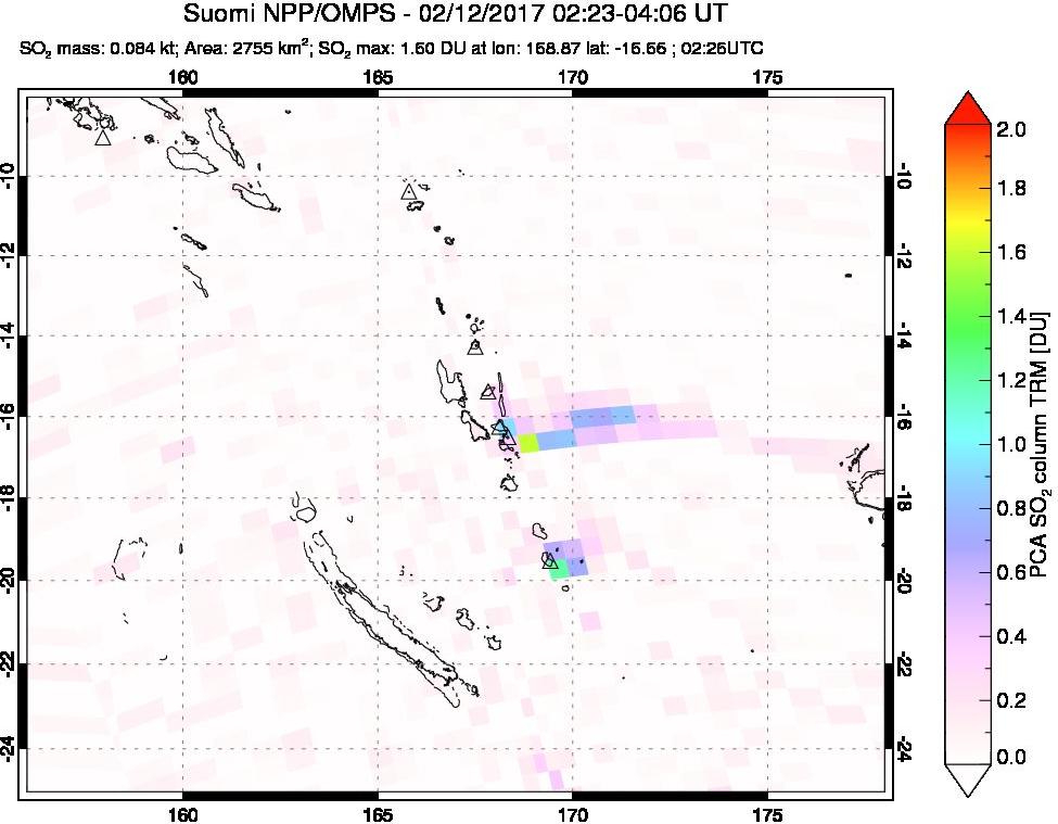 A sulfur dioxide image over Vanuatu, South Pacific on Feb 12, 2017.