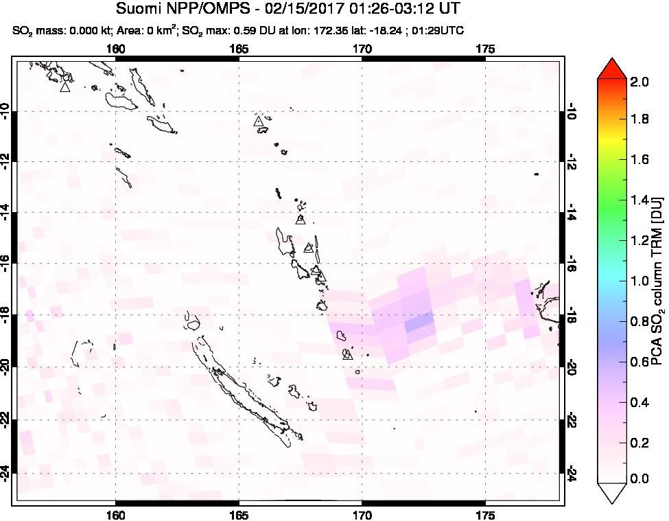 A sulfur dioxide image over Vanuatu, South Pacific on Feb 15, 2017.