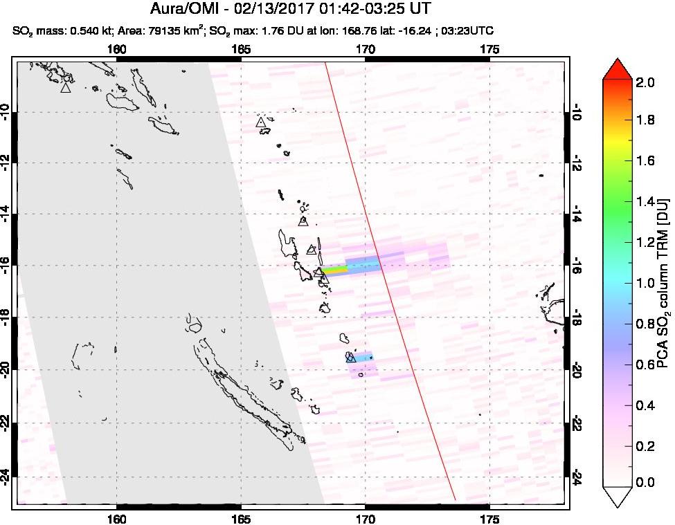 A sulfur dioxide image over Vanuatu, South Pacific on Feb 13, 2017.