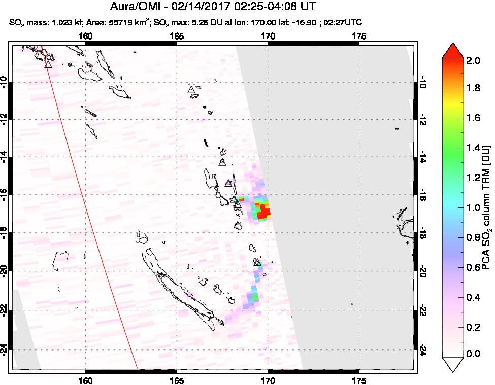 A sulfur dioxide image over Vanuatu, South Pacific on Feb 14, 2017.