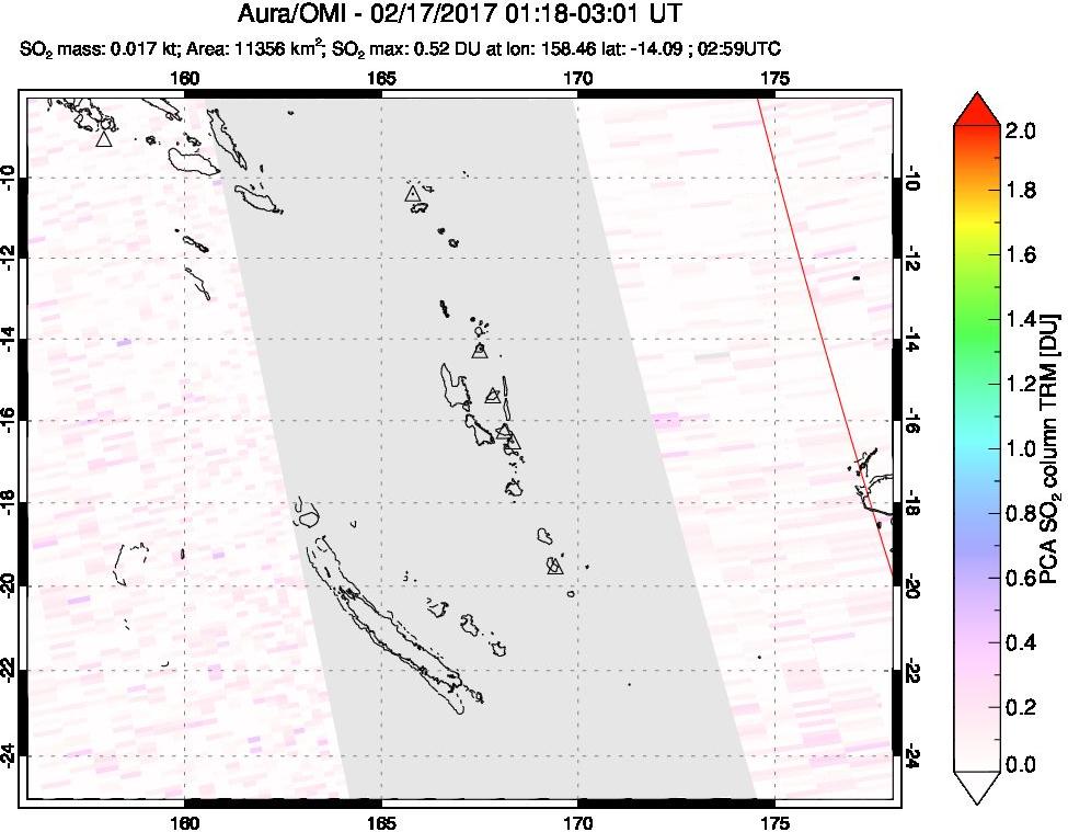 A sulfur dioxide image over Vanuatu, South Pacific on Feb 17, 2017.
