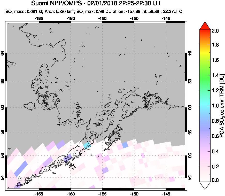 A sulfur dioxide image over Alaska, USA on Feb 01, 2018.