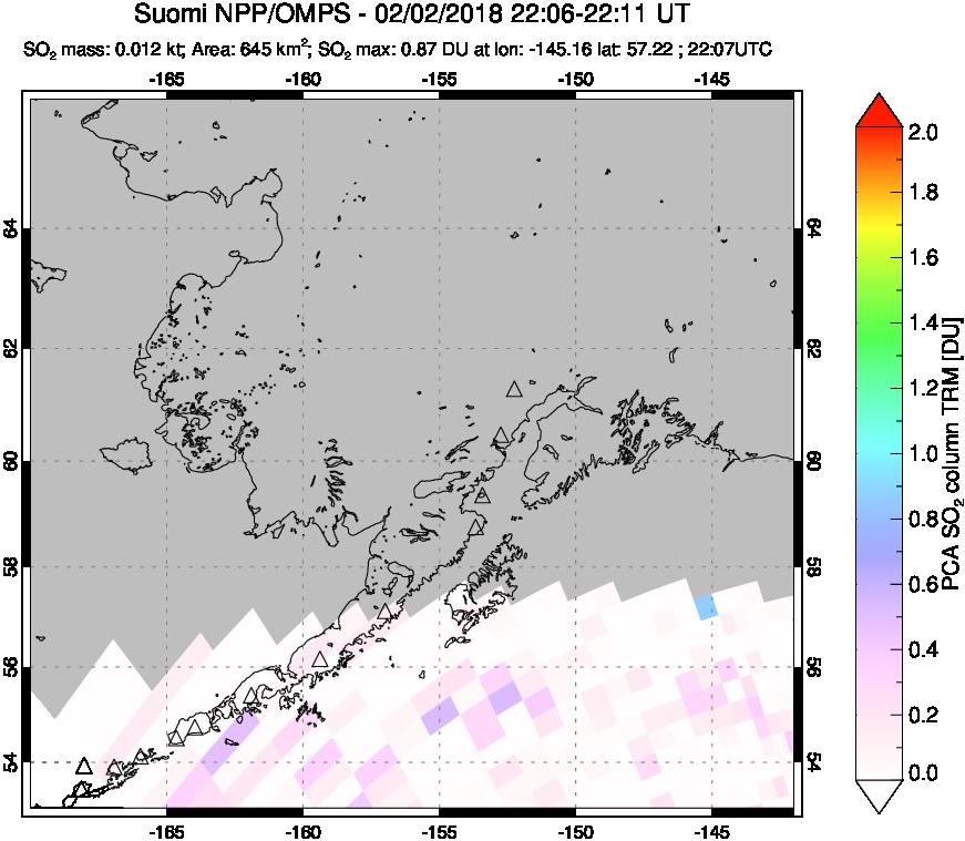 A sulfur dioxide image over Alaska, USA on Feb 02, 2018.