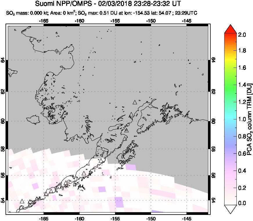 A sulfur dioxide image over Alaska, USA on Feb 03, 2018.