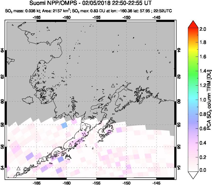 A sulfur dioxide image over Alaska, USA on Feb 05, 2018.