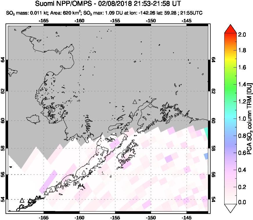 A sulfur dioxide image over Alaska, USA on Feb 08, 2018.