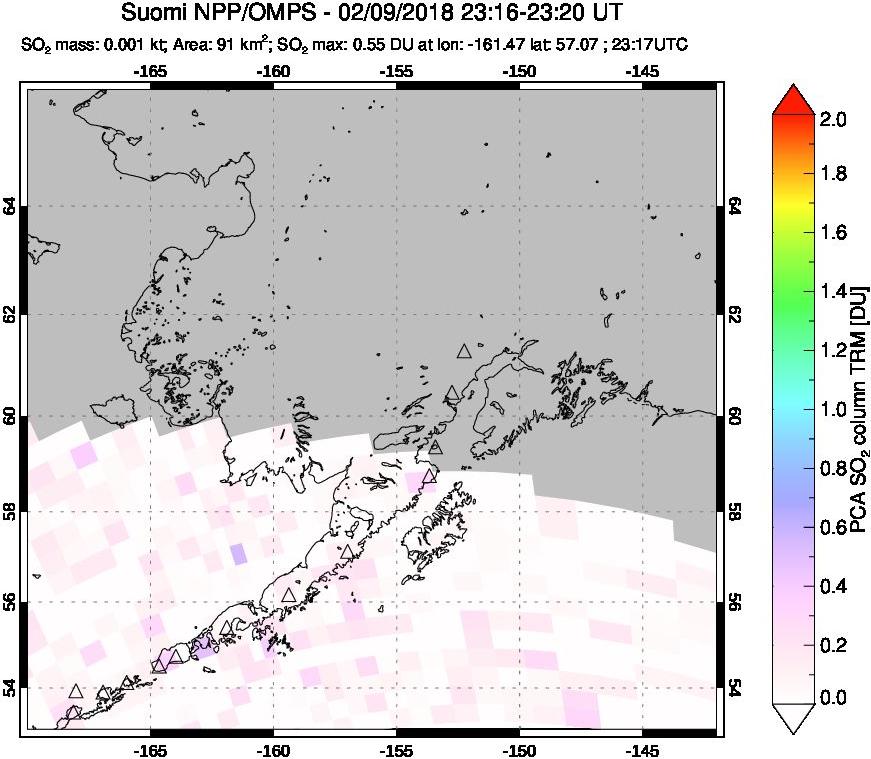 A sulfur dioxide image over Alaska, USA on Feb 09, 2018.