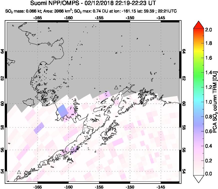 A sulfur dioxide image over Alaska, USA on Feb 12, 2018.