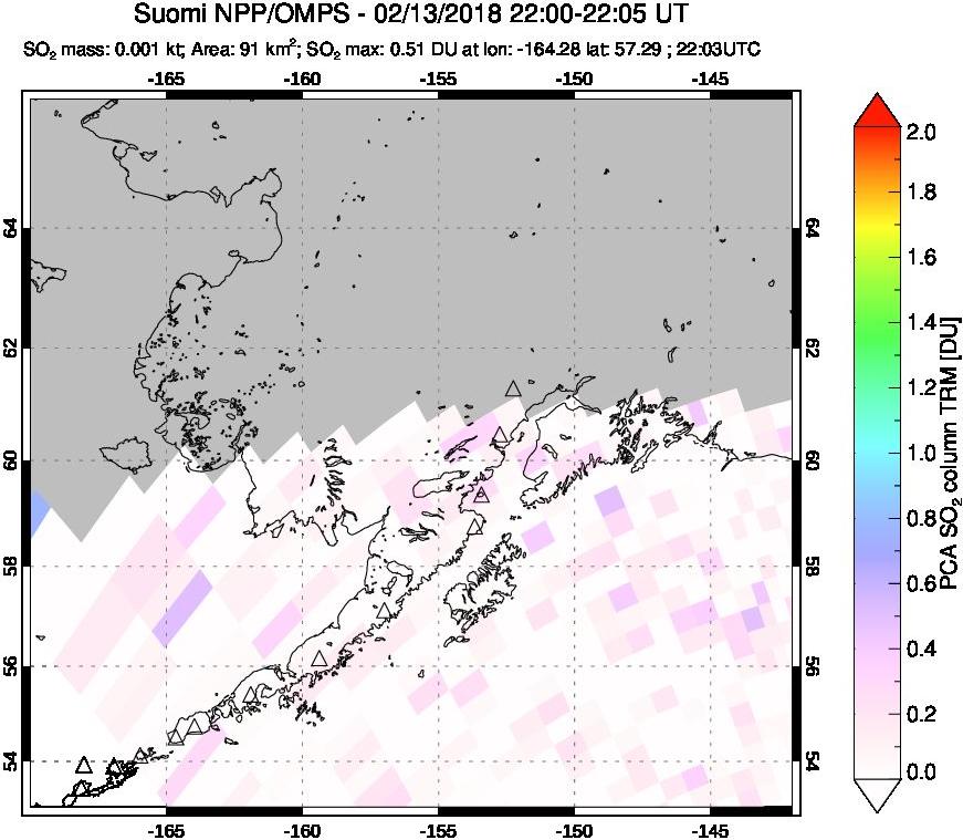 A sulfur dioxide image over Alaska, USA on Feb 13, 2018.