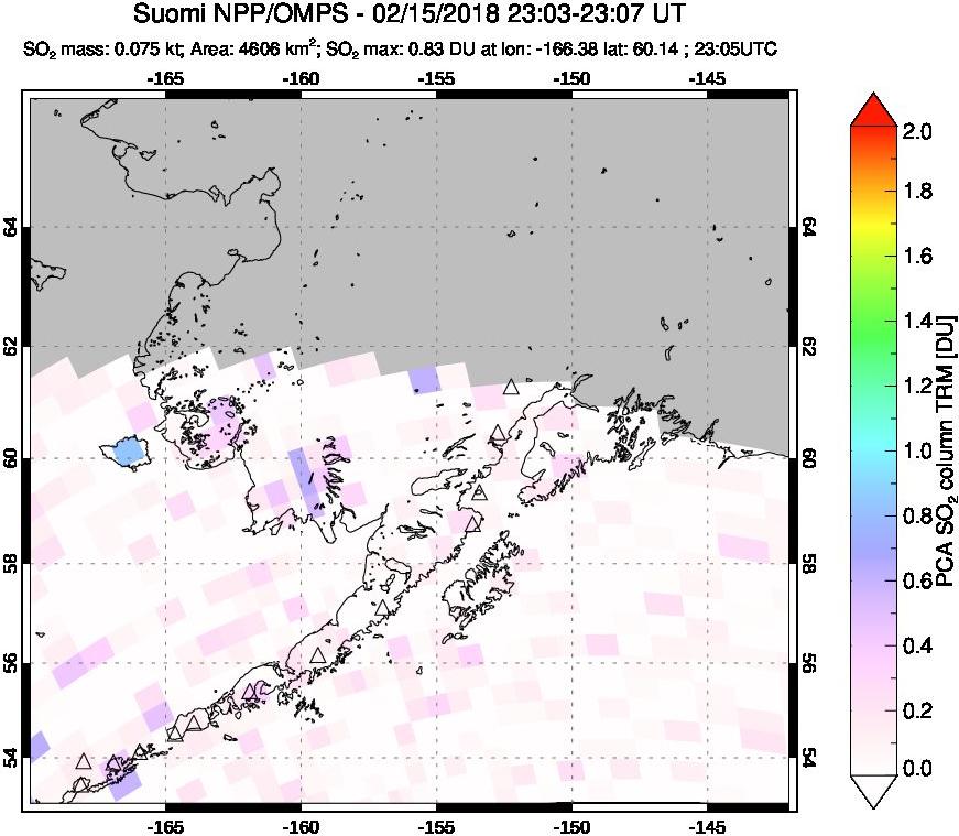 A sulfur dioxide image over Alaska, USA on Feb 15, 2018.
