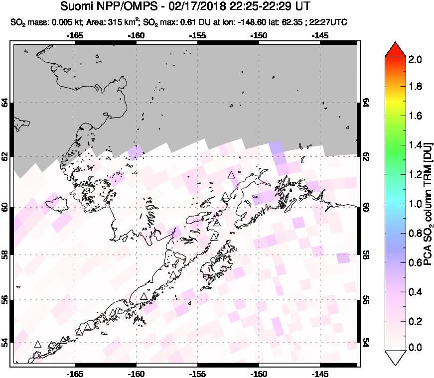 A sulfur dioxide image over Alaska, USA on Feb 17, 2018.