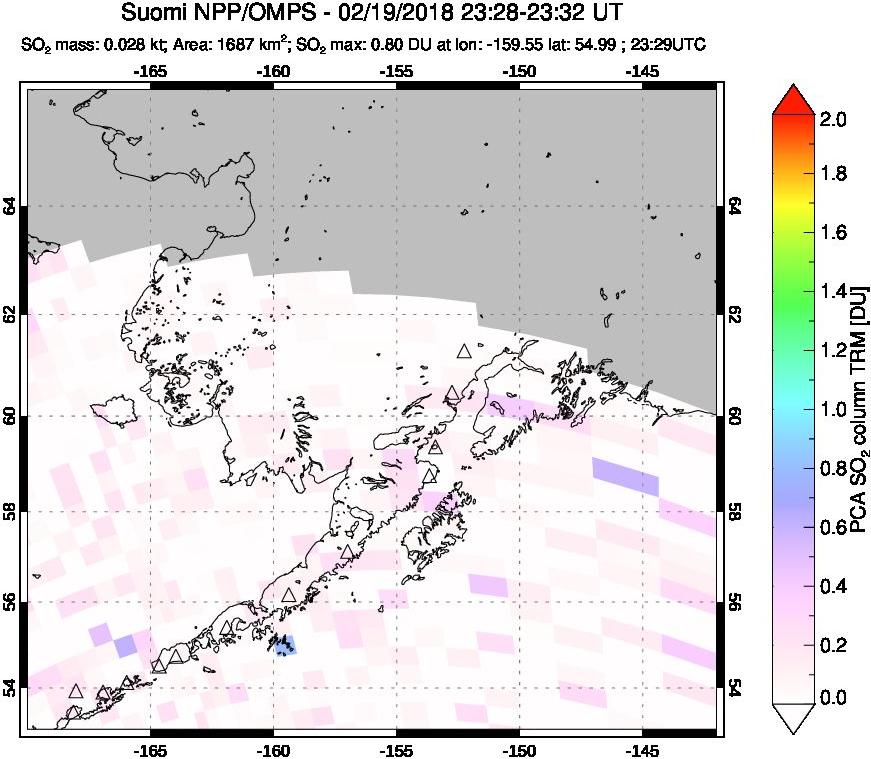 A sulfur dioxide image over Alaska, USA on Feb 19, 2018.