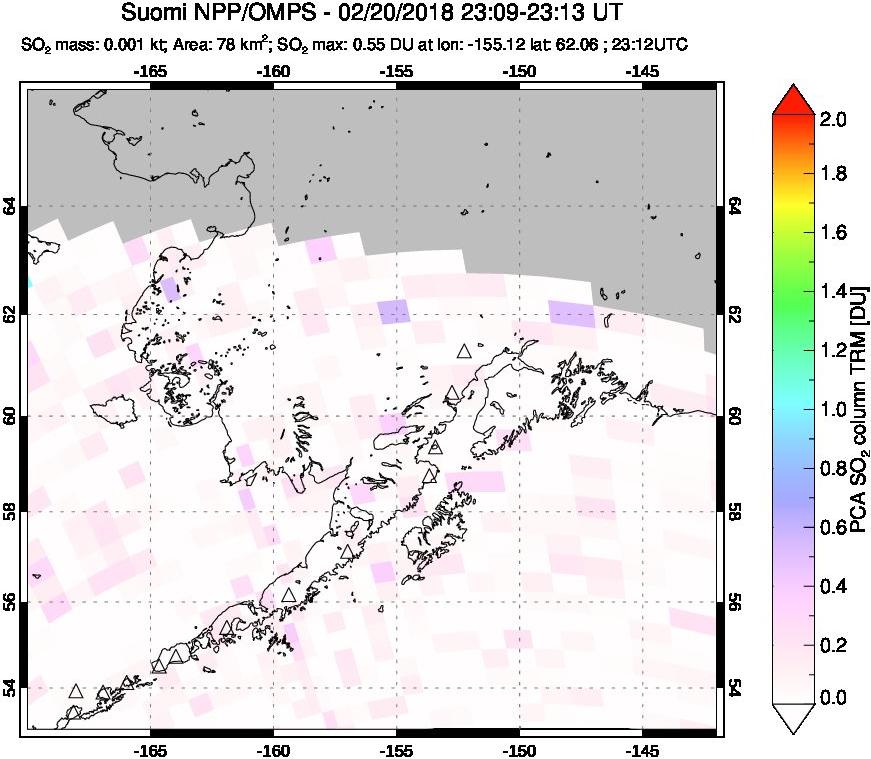 A sulfur dioxide image over Alaska, USA on Feb 20, 2018.